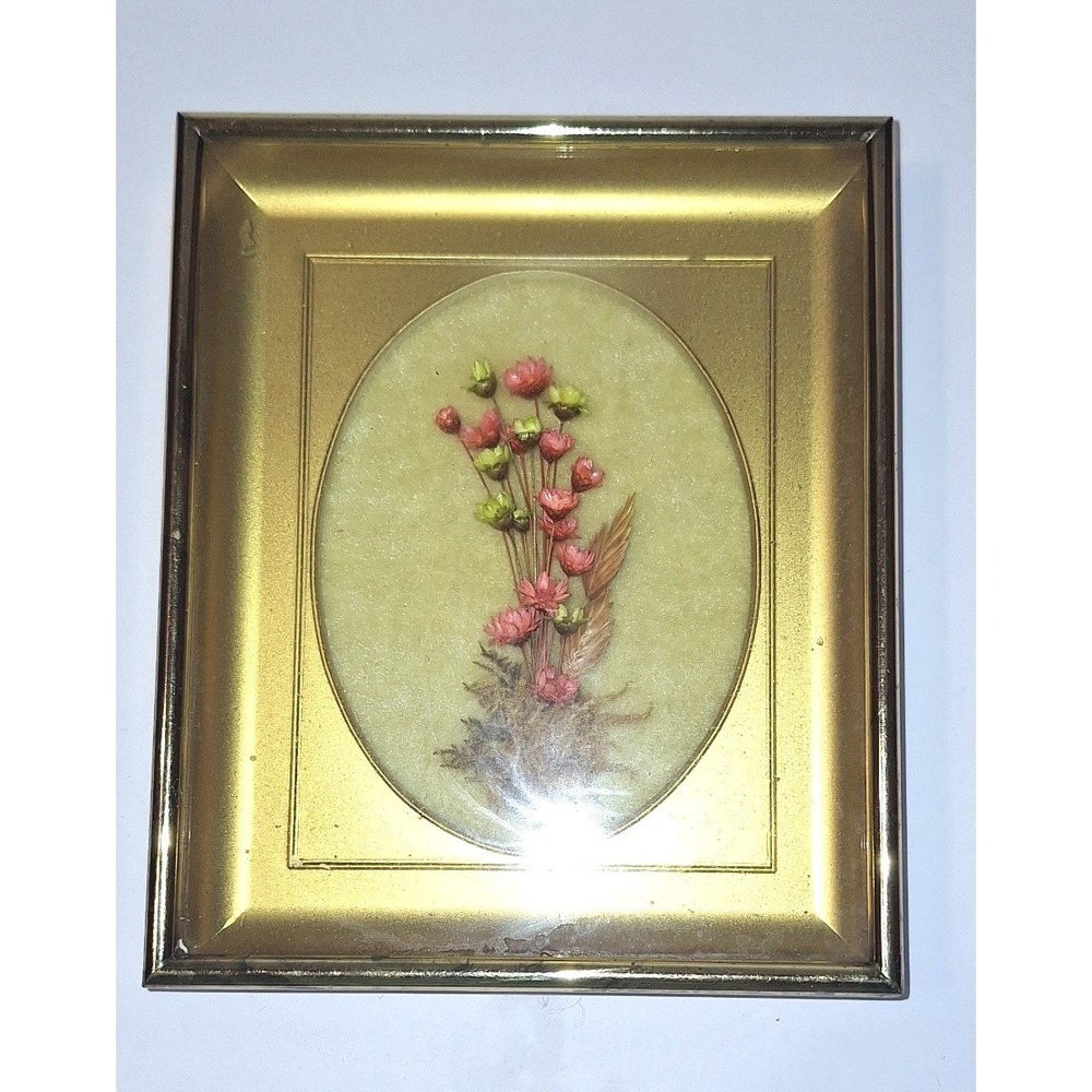 Vintage Starflower by Mei Inn Dried Flower 3D Art Gold Tone Metal Frame 4x5